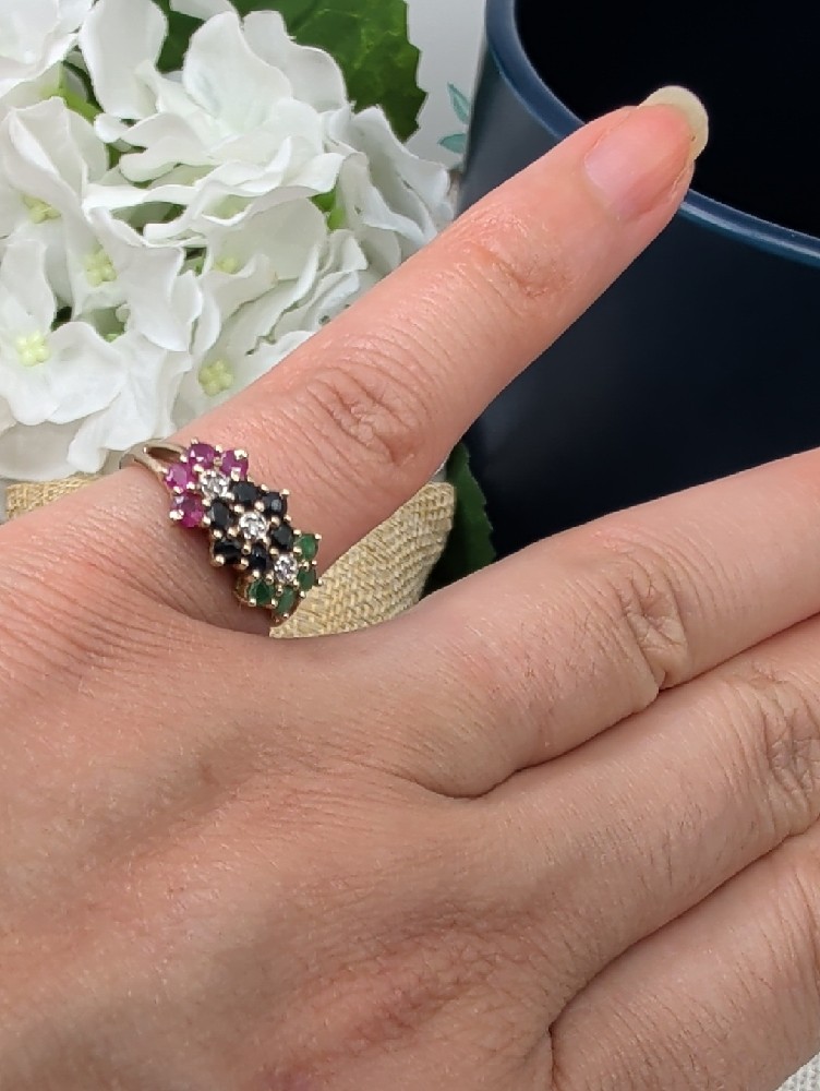 Vintage 10k Gold Ruby Sapphire Emerald Diamond Floral Cluster Ring Sz 6.5